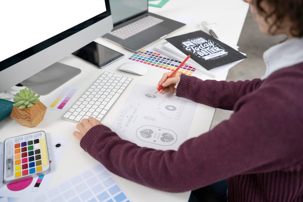 Como a identidade visual de empresa afeta em sua receita 2 graphic designer making logo notebook